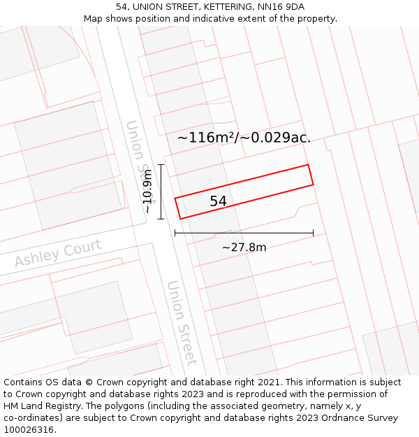 54, UNION STREET, KETTERING, NN16 9DA: Plot and title map