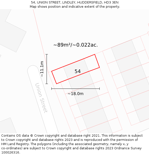 54, UNION STREET, LINDLEY, HUDDERSFIELD, HD3 3EN: Plot and title map