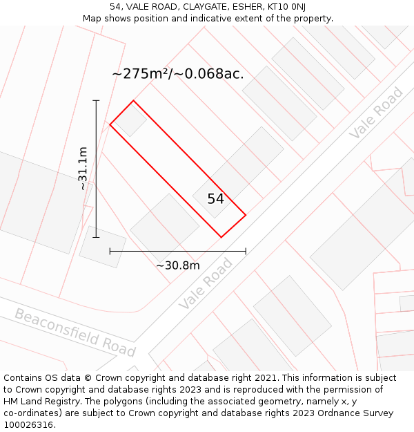 54, VALE ROAD, CLAYGATE, ESHER, KT10 0NJ: Plot and title map