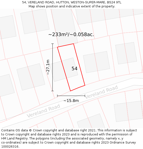 54, VERELAND ROAD, HUTTON, WESTON-SUPER-MARE, BS24 9TL: Plot and title map