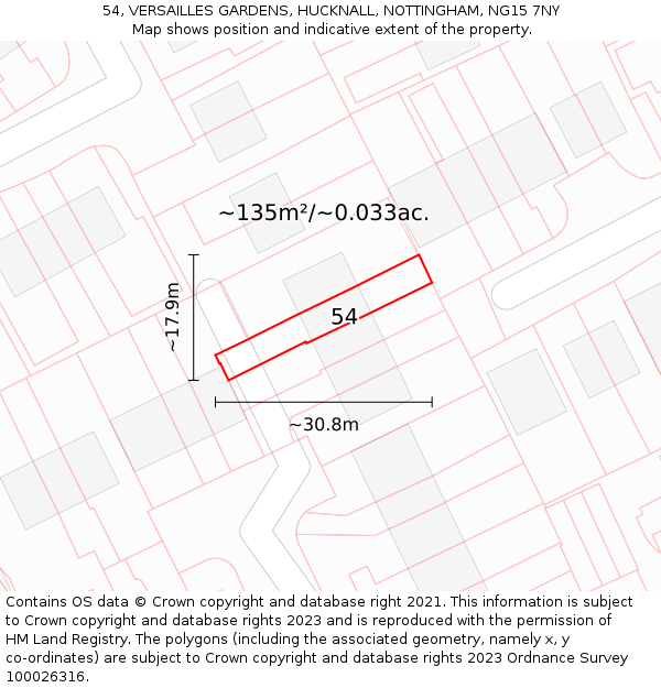 54, VERSAILLES GARDENS, HUCKNALL, NOTTINGHAM, NG15 7NY: Plot and title map