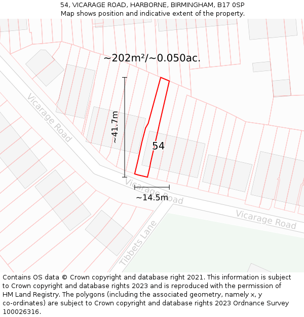 54, VICARAGE ROAD, HARBORNE, BIRMINGHAM, B17 0SP: Plot and title map