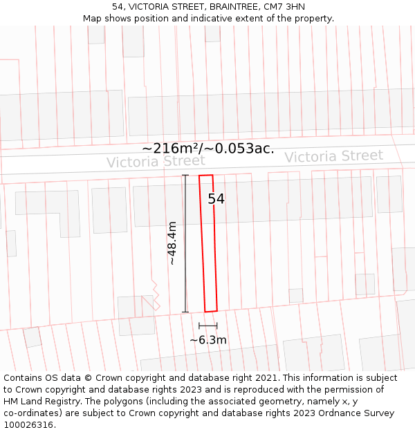 54, VICTORIA STREET, BRAINTREE, CM7 3HN: Plot and title map