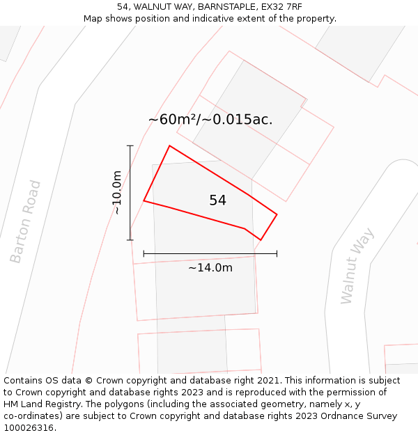 54, WALNUT WAY, BARNSTAPLE, EX32 7RF: Plot and title map