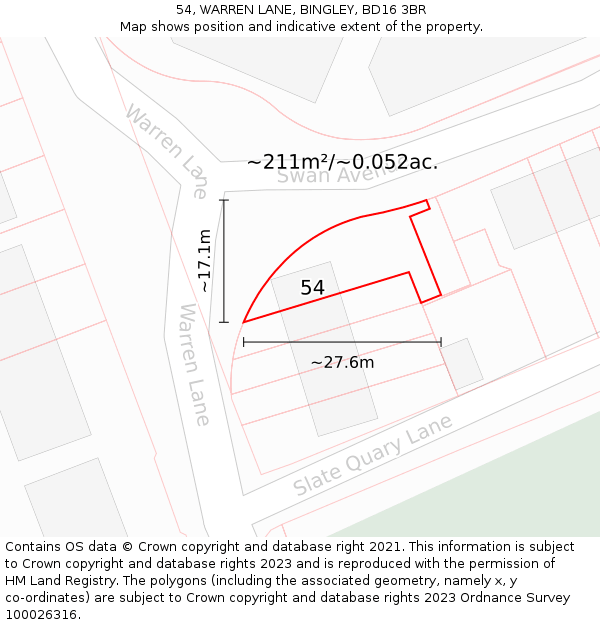 54, WARREN LANE, BINGLEY, BD16 3BR: Plot and title map