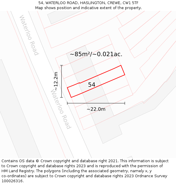 54, WATERLOO ROAD, HASLINGTON, CREWE, CW1 5TF: Plot and title map