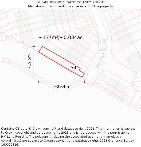 54, WELDON DRIVE, WEST MOLESEY, KT8 2NT: Plot and title map