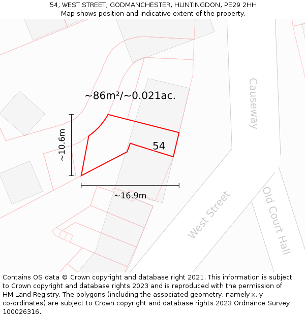 54, WEST STREET, GODMANCHESTER, HUNTINGDON, PE29 2HH: Plot and title map