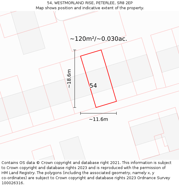 54, WESTMORLAND RISE, PETERLEE, SR8 2EP: Plot and title map