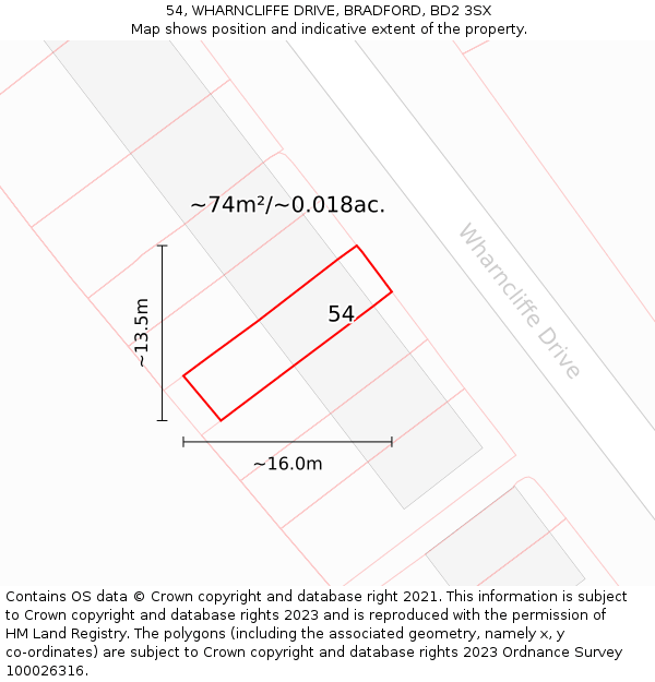 54, WHARNCLIFFE DRIVE, BRADFORD, BD2 3SX: Plot and title map