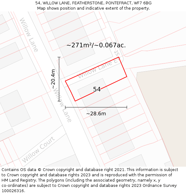 54, WILLOW LANE, FEATHERSTONE, PONTEFRACT, WF7 6BG: Plot and title map