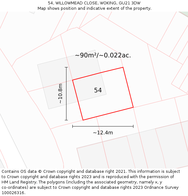 54, WILLOWMEAD CLOSE, WOKING, GU21 3DW: Plot and title map
