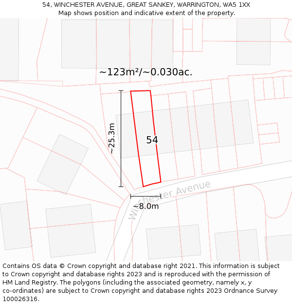 54, WINCHESTER AVENUE, GREAT SANKEY, WARRINGTON, WA5 1XX: Plot and title map