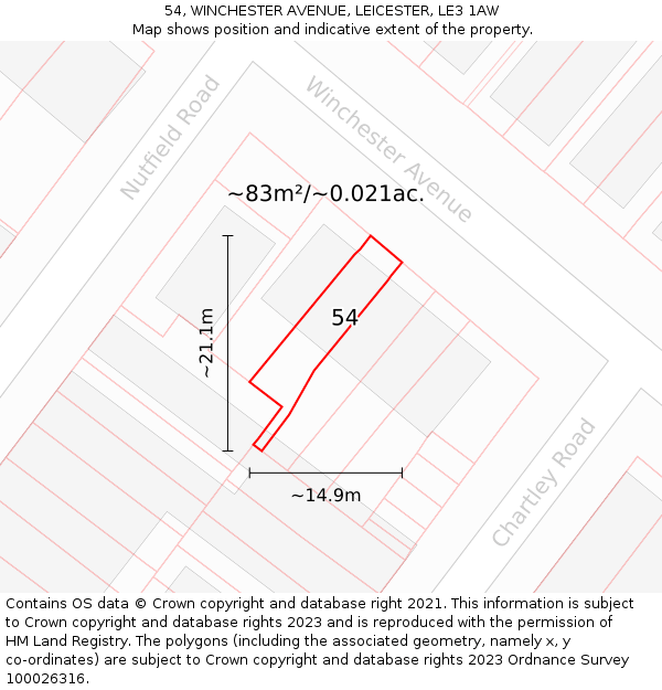 54, WINCHESTER AVENUE, LEICESTER, LE3 1AW: Plot and title map