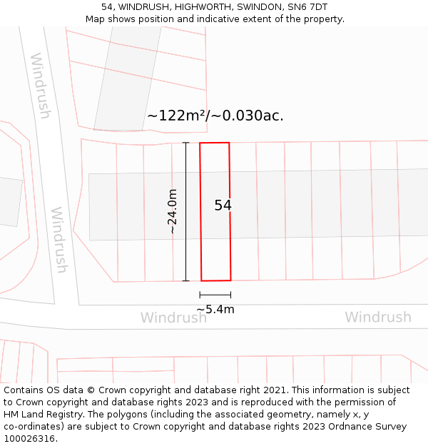 54, WINDRUSH, HIGHWORTH, SWINDON, SN6 7DT: Plot and title map
