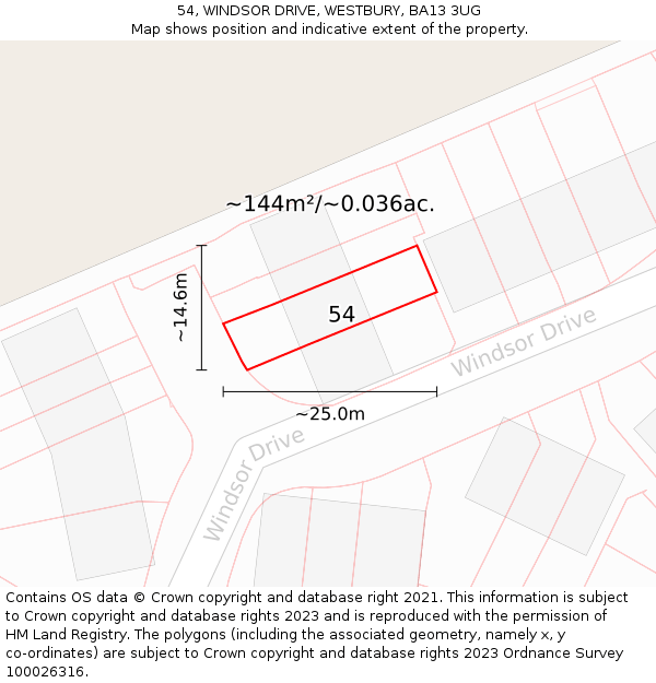 54, WINDSOR DRIVE, WESTBURY, BA13 3UG: Plot and title map