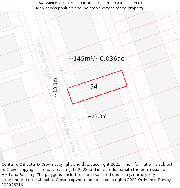 54, WINDSOR ROAD, TUEBROOK, LIVERPOOL, L13 8BD: Plot and title map