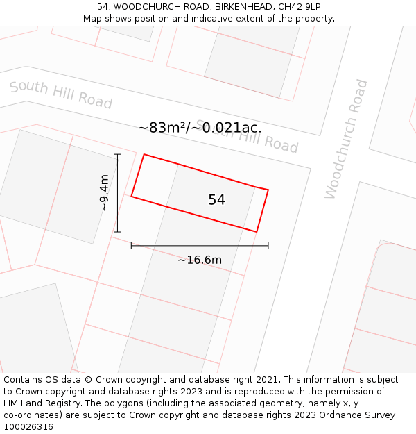 54, WOODCHURCH ROAD, BIRKENHEAD, CH42 9LP: Plot and title map