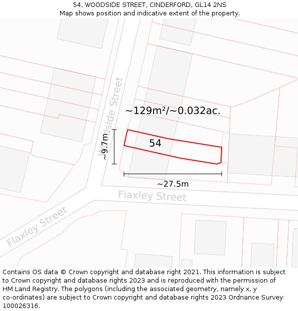 54, WOODSIDE STREET, CINDERFORD, GL14 2NS: Plot and title map