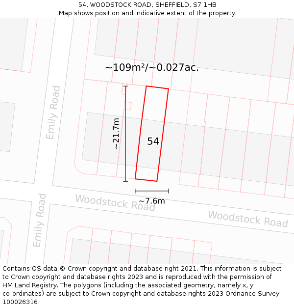 54, WOODSTOCK ROAD, SHEFFIELD, S7 1HB: Plot and title map