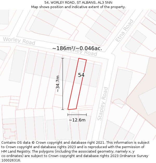 54, WORLEY ROAD, ST ALBANS, AL3 5NN: Plot and title map