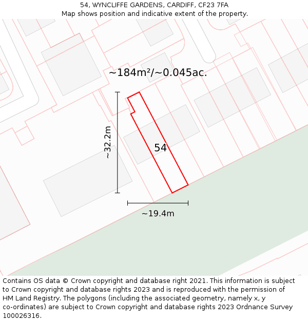 54, WYNCLIFFE GARDENS, CARDIFF, CF23 7FA: Plot and title map