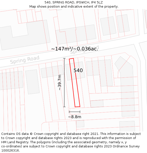 540, SPRING ROAD, IPSWICH, IP4 5LZ: Plot and title map