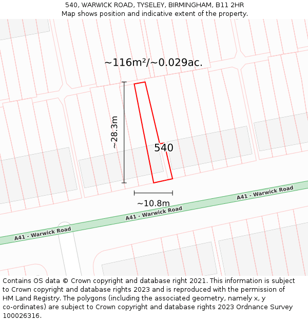 540, WARWICK ROAD, TYSELEY, BIRMINGHAM, B11 2HR: Plot and title map