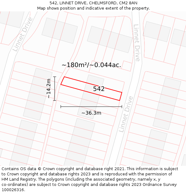 542, LINNET DRIVE, CHELMSFORD, CM2 8AN: Plot and title map