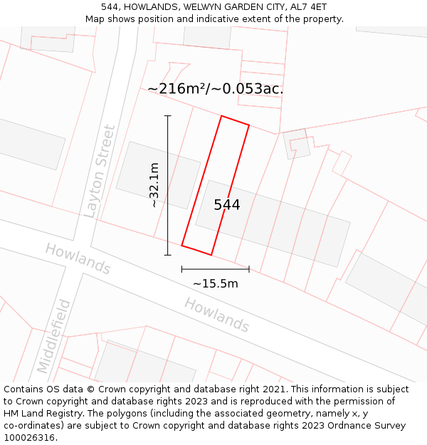 544, HOWLANDS, WELWYN GARDEN CITY, AL7 4ET: Plot and title map