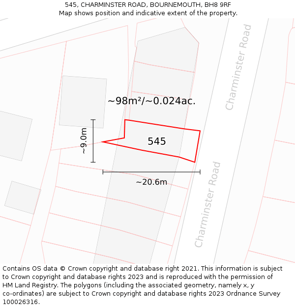 545, CHARMINSTER ROAD, BOURNEMOUTH, BH8 9RF: Plot and title map