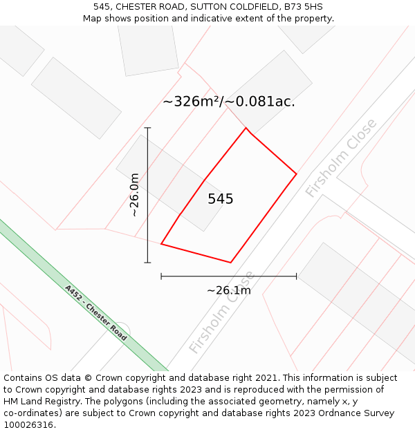 545, CHESTER ROAD, SUTTON COLDFIELD, B73 5HS: Plot and title map