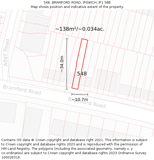 548, BRAMFORD ROAD, IPSWICH, IP1 5BE: Plot and title map