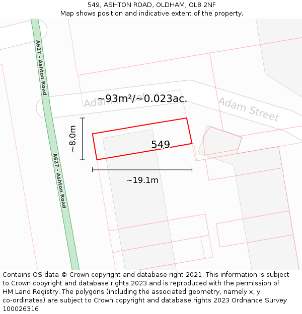 549, ASHTON ROAD, OLDHAM, OL8 2NF: Plot and title map