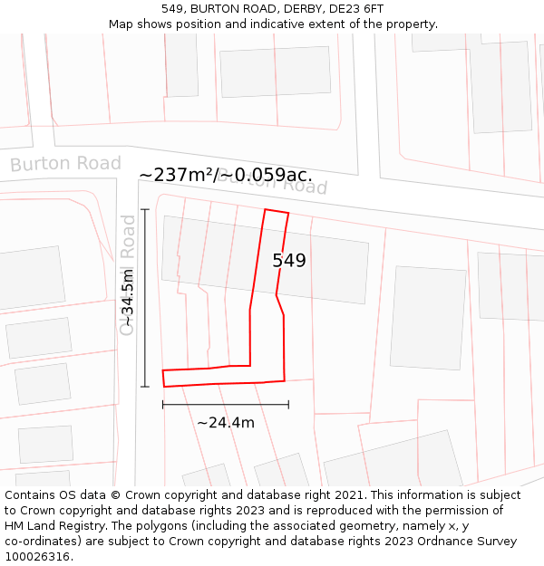 549, BURTON ROAD, DERBY, DE23 6FT: Plot and title map