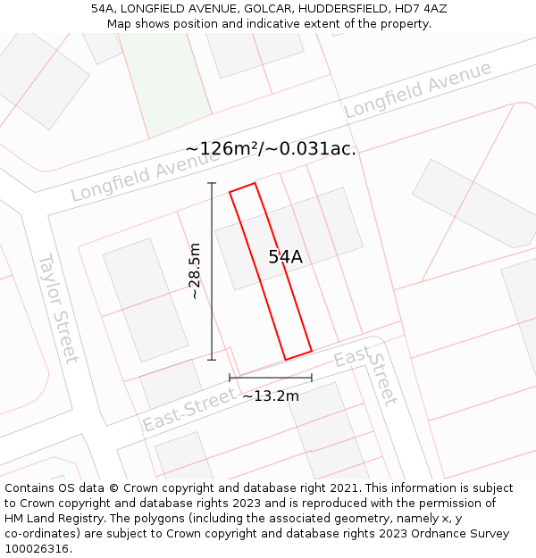 54A, LONGFIELD AVENUE, GOLCAR, HUDDERSFIELD, HD7 4AZ: Plot and title map