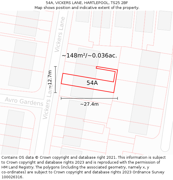 54A, VICKERS LANE, HARTLEPOOL, TS25 2BF: Plot and title map