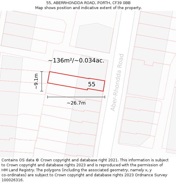 55, ABERRHONDDA ROAD, PORTH, CF39 0BB: Plot and title map