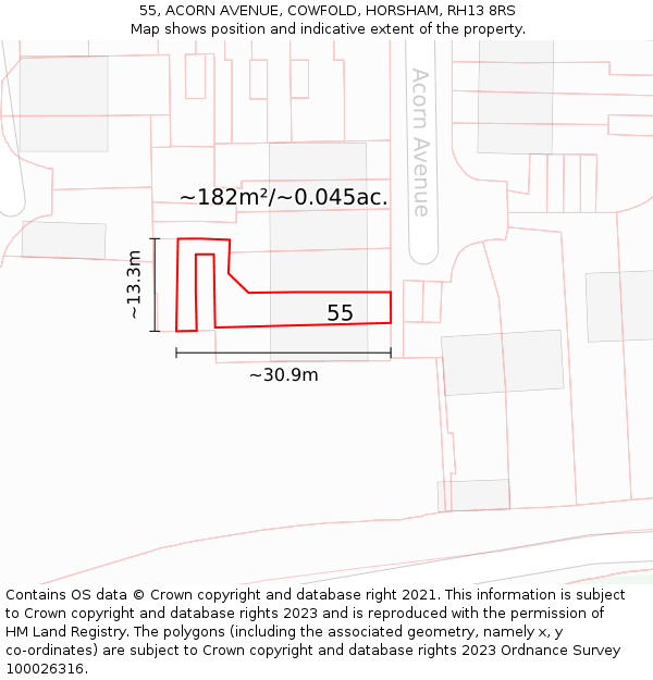 55, ACORN AVENUE, COWFOLD, HORSHAM, RH13 8RS: Plot and title map