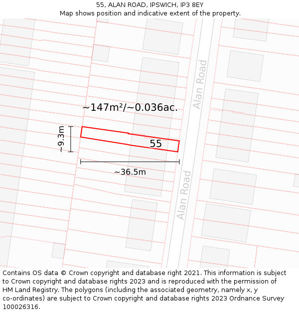 55, ALAN ROAD, IPSWICH, IP3 8EY: Plot and title map