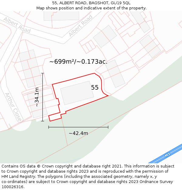 55, ALBERT ROAD, BAGSHOT, GU19 5QL: Plot and title map