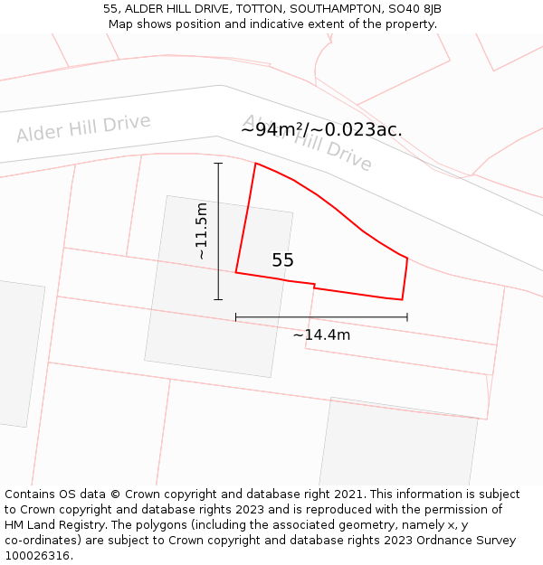 55, ALDER HILL DRIVE, TOTTON, SOUTHAMPTON, SO40 8JB: Plot and title map