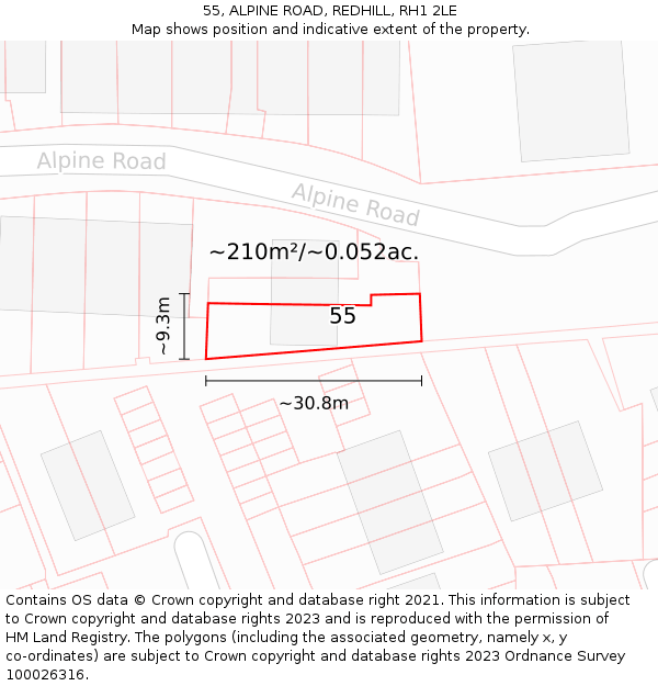 55, ALPINE ROAD, REDHILL, RH1 2LE: Plot and title map