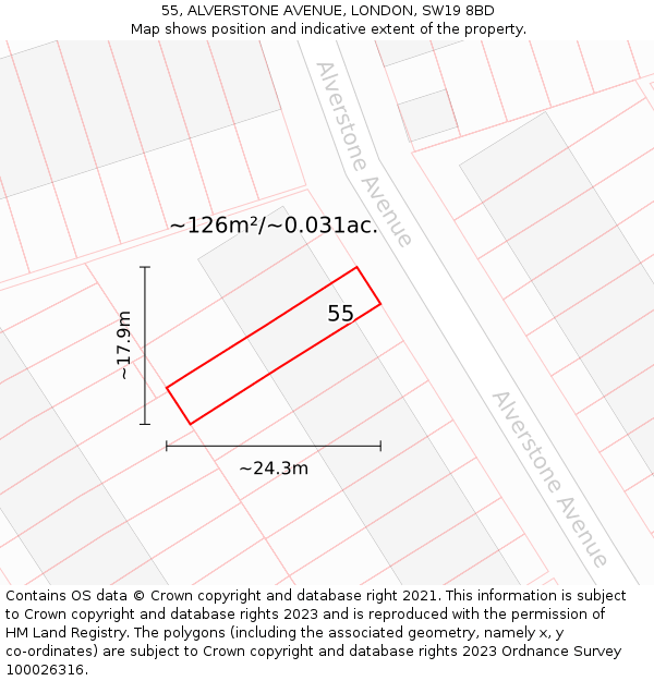 55, ALVERSTONE AVENUE, LONDON, SW19 8BD: Plot and title map