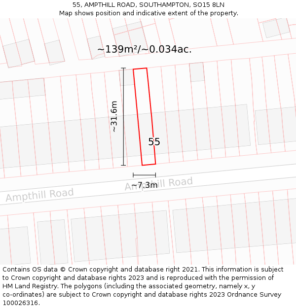 55, AMPTHILL ROAD, SOUTHAMPTON, SO15 8LN: Plot and title map