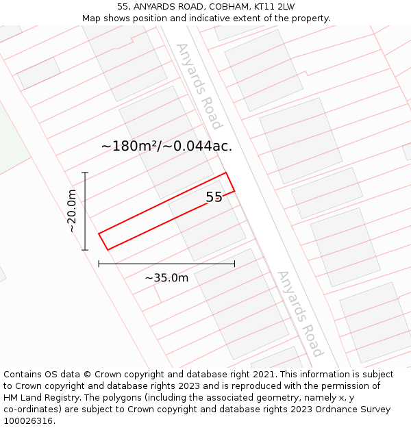 55, ANYARDS ROAD, COBHAM, KT11 2LW: Plot and title map