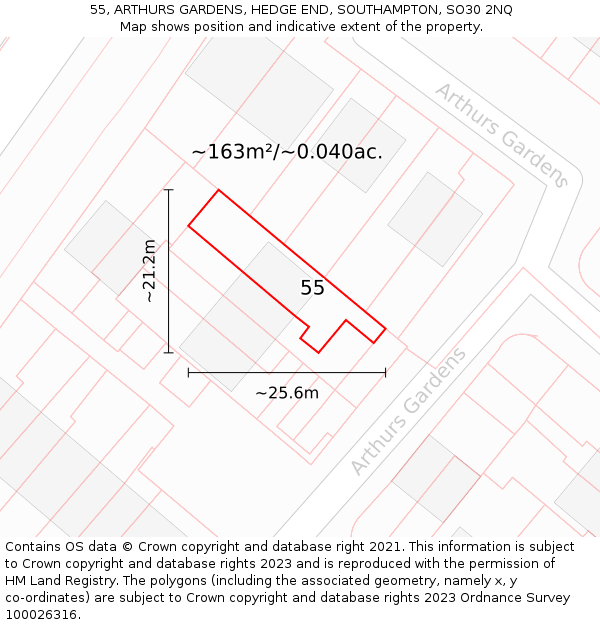 55, ARTHURS GARDENS, HEDGE END, SOUTHAMPTON, SO30 2NQ: Plot and title map