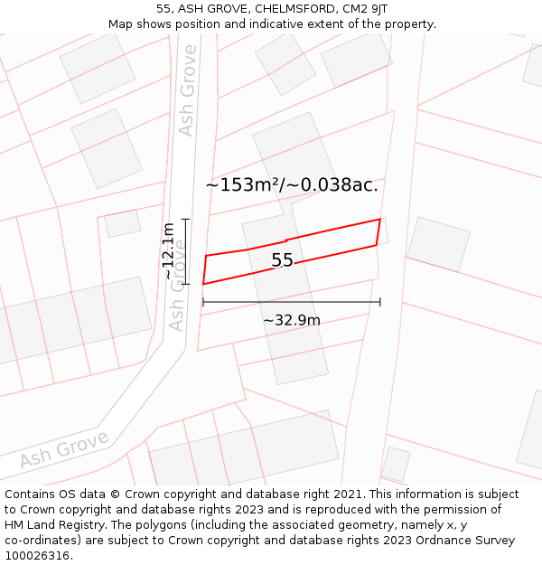55, ASH GROVE, CHELMSFORD, CM2 9JT: Plot and title map