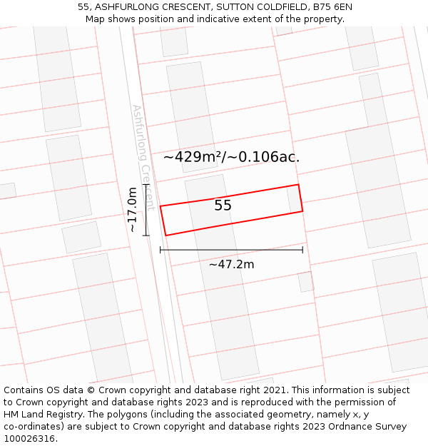 55, ASHFURLONG CRESCENT, SUTTON COLDFIELD, B75 6EN: Plot and title map