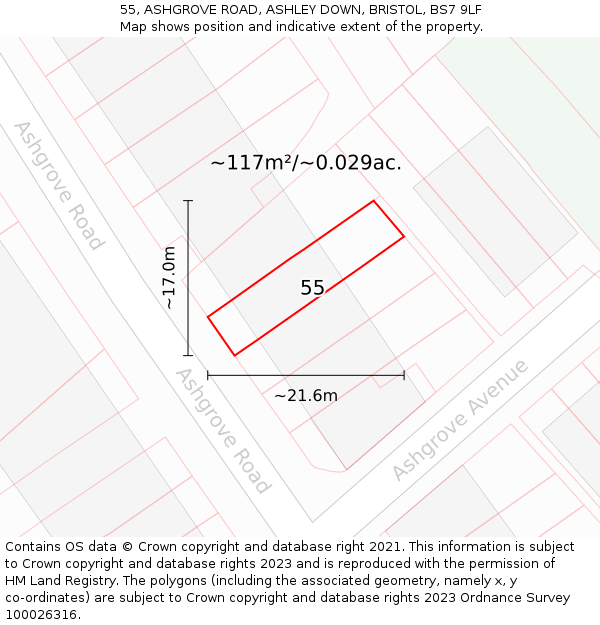 55, ASHGROVE ROAD, ASHLEY DOWN, BRISTOL, BS7 9LF: Plot and title map